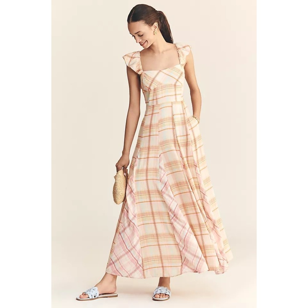 NWT Maeve Anthropologie Linen Blend Flutter Sleeve Plaid Midi Dress Orange Small
